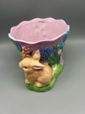 Easter Bunny Floral Ceramic Vase - Pink Interior